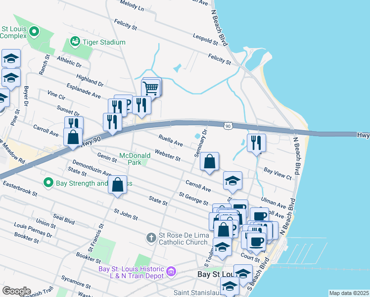 map of restaurants, bars, coffee shops, grocery stores, and more near 304 Ruella Avenue in Bay Saint Louis