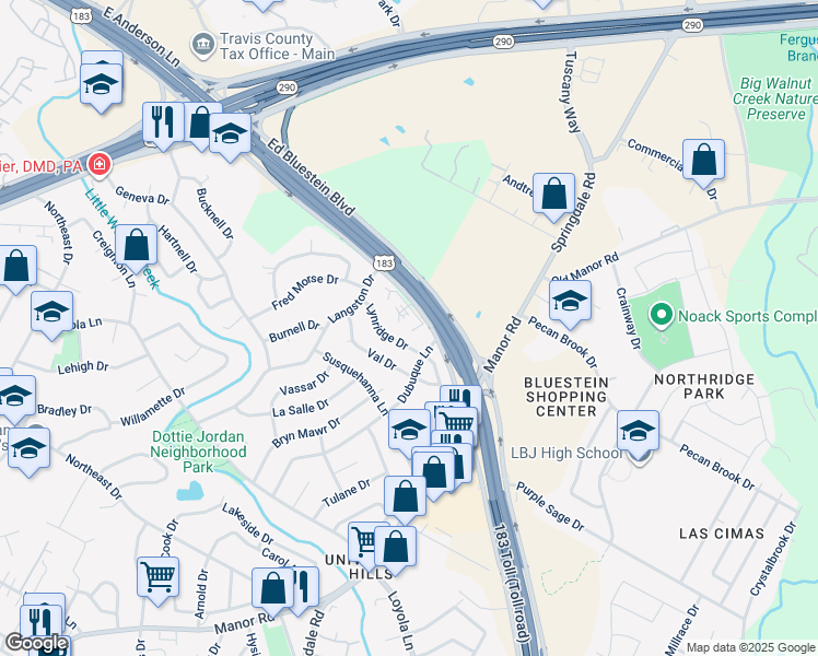 map of restaurants, bars, coffee shops, grocery stores, and more near 7440 Dubuque Lane in Austin