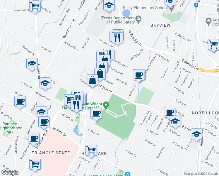 map of restaurants, bars, coffee shops, grocery stores, and more near 705 West 51st Street in Austin
