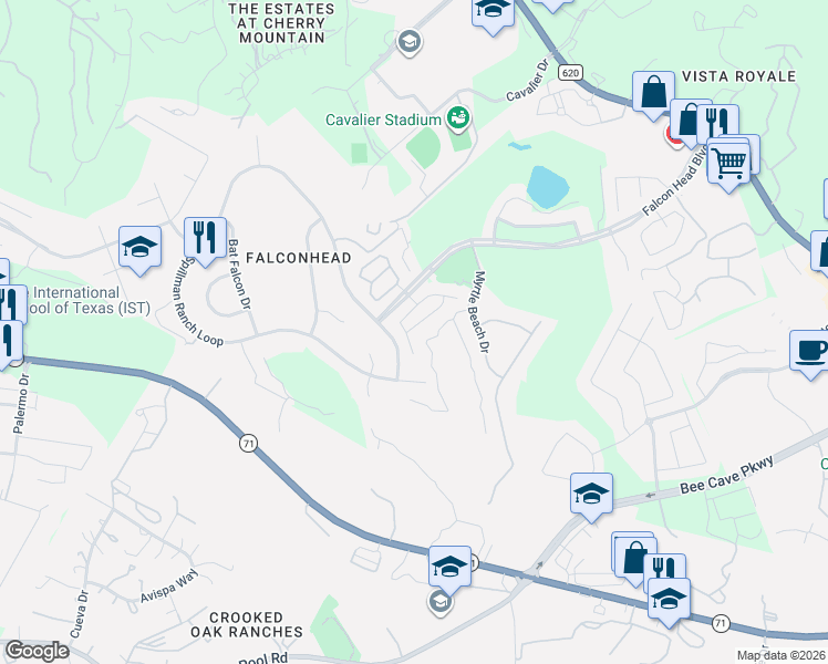map of restaurants, bars, coffee shops, grocery stores, and more near 16308 Spillman Ranch Loop in Austin