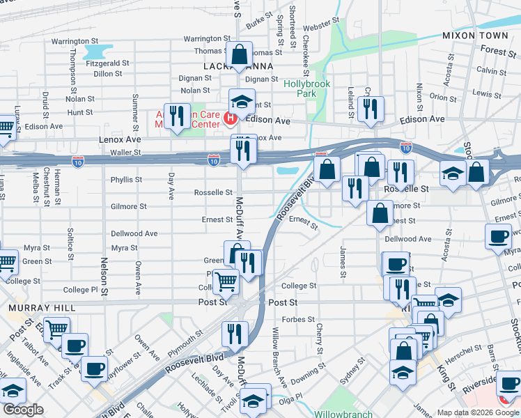 map of restaurants, bars, coffee shops, grocery stores, and more near 2954 Gilmore Street in Jacksonville