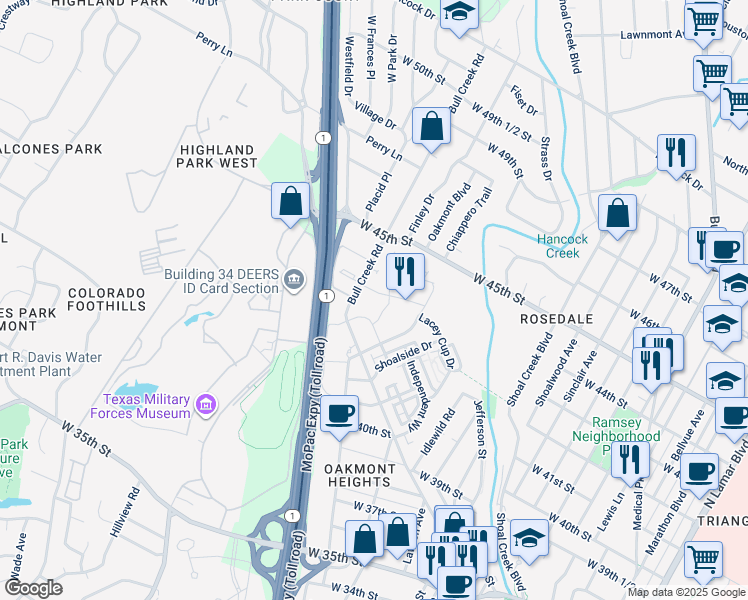 map of restaurants, bars, coffee shops, grocery stores, and more near 2717 Perseverance Drive in Austin