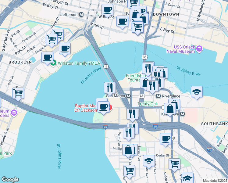map of restaurants, bars, coffee shops, grocery stores, and more near 959 Prudential Drive in Jacksonville