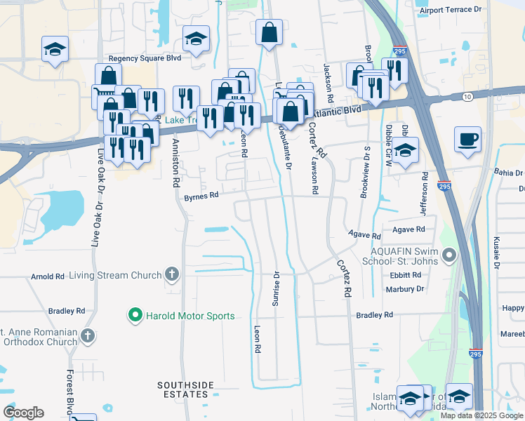 map of restaurants, bars, coffee shops, grocery stores, and more near 1818 Sunrise Drive in Jacksonville