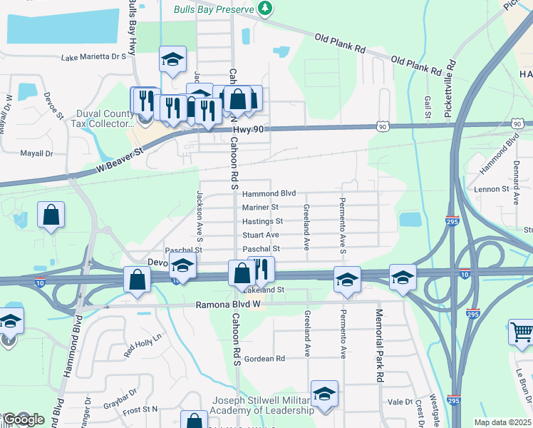 map of restaurants, bars, coffee shops, grocery stores, and more near 8007 Hastings Street in Jacksonville