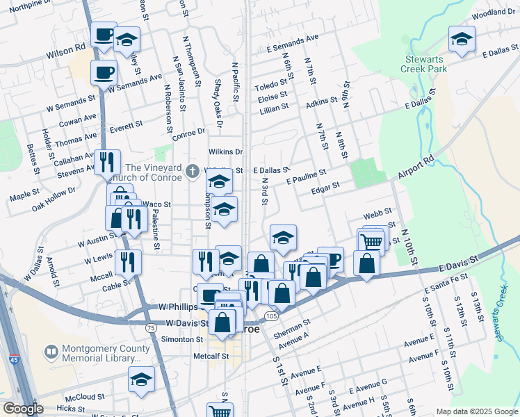 map of restaurants, bars, coffee shops, grocery stores, and more near 913-A North 1st Street in Conroe