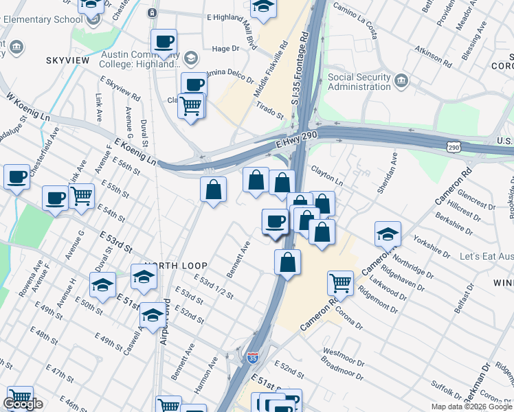 map of restaurants, bars, coffee shops, grocery stores, and more near 925 Reinli Street in Austin