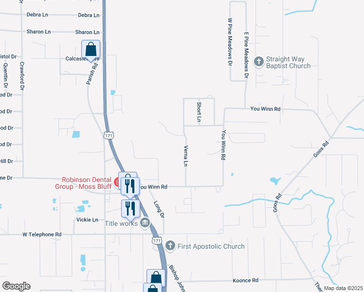 map of restaurants, bars, coffee shops, grocery stores, and more near 1069a Verna Lane in Moss Bluff