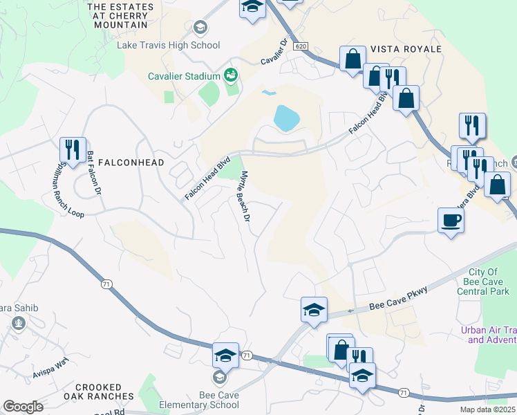 map of restaurants, bars, coffee shops, grocery stores, and more near 16939 Piper Glen Drive in Bee Cave