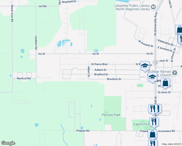 map of restaurants, bars, coffee shops, grocery stores, and more near 277-299 Bradford Drive in Carencro