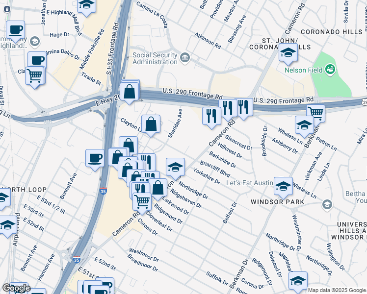 map of restaurants, bars, coffee shops, grocery stores, and more near 1120 Clayton Lane in Austin