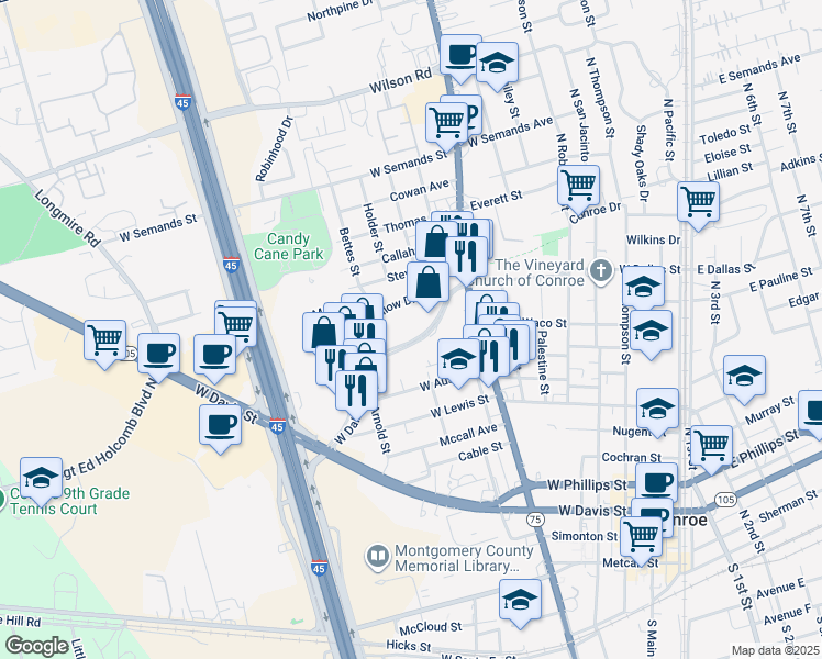 map of restaurants, bars, coffee shops, grocery stores, and more near 812 West Dallas Street in Conroe