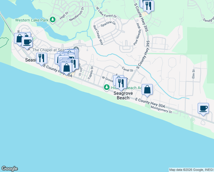 map of restaurants, bars, coffee shops, grocery stores, and more near 2647 East County Highway 30A in Santa Rosa Beach