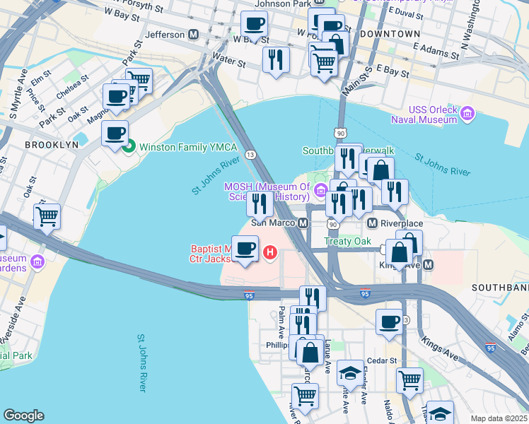 map of restaurants, bars, coffee shops, grocery stores, and more near 959 Prudential Drive in Jacksonville