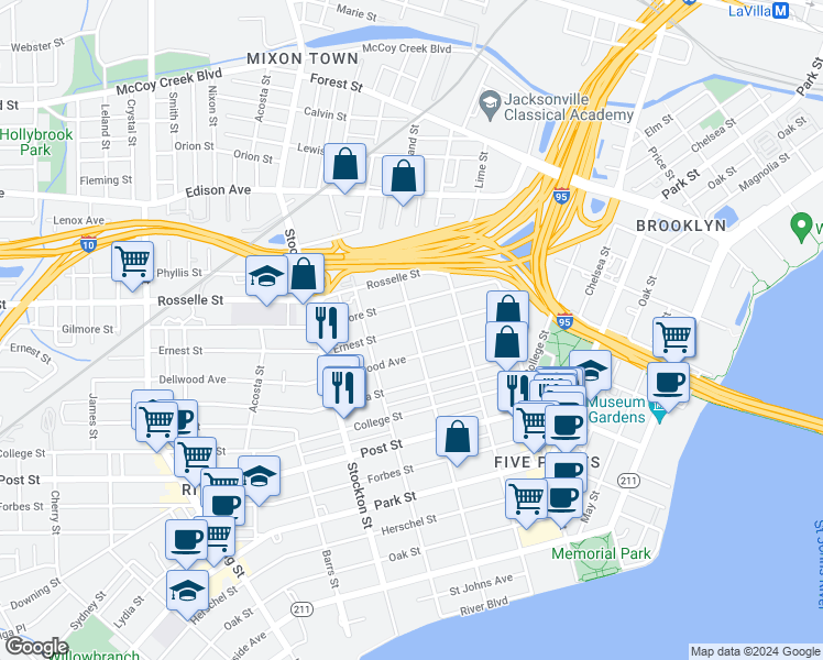 map of restaurants, bars, coffee shops, grocery stores, and more near 2218 Ernest Street in Jacksonville