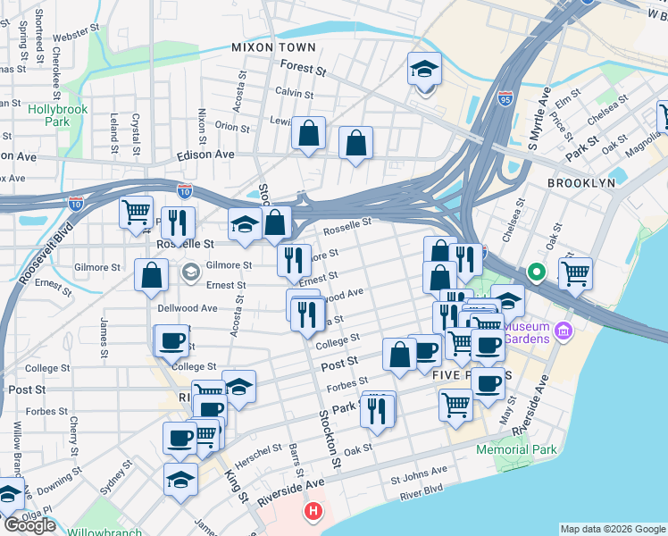 map of restaurants, bars, coffee shops, grocery stores, and more near 2303 Ernest Street in Jacksonville