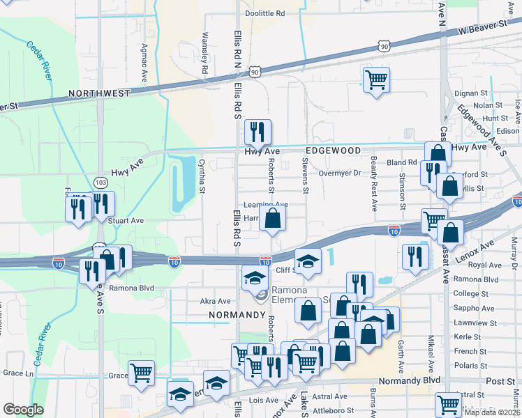 map of restaurants, bars, coffee shops, grocery stores, and more near 5545 Harrold Avenue in Jacksonville