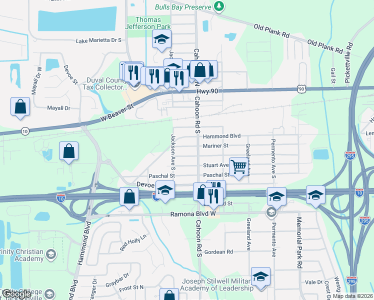 map of restaurants, bars, coffee shops, grocery stores, and more near 8137 Hastings Street in Jacksonville