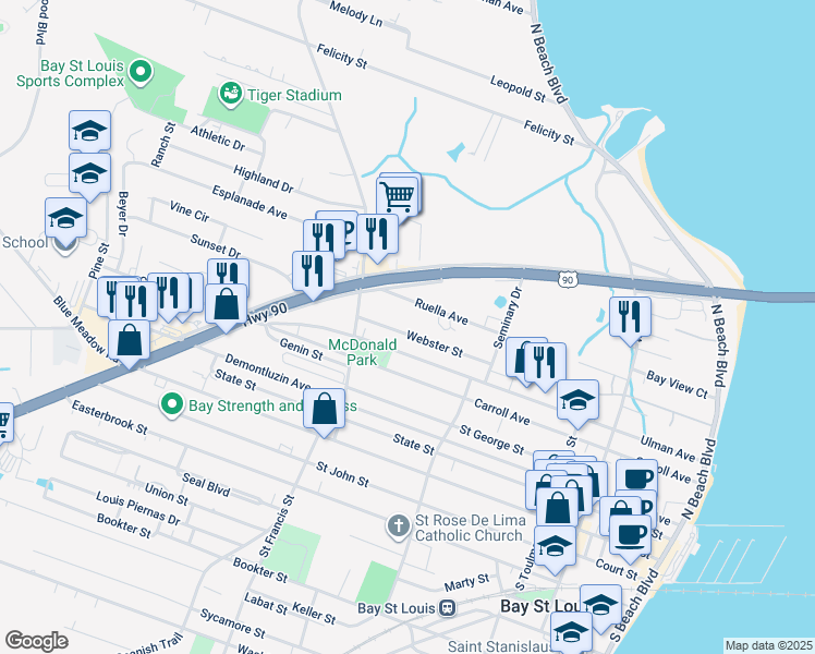 map of restaurants, bars, coffee shops, grocery stores, and more near 436 Webster Street in Bay Saint Louis