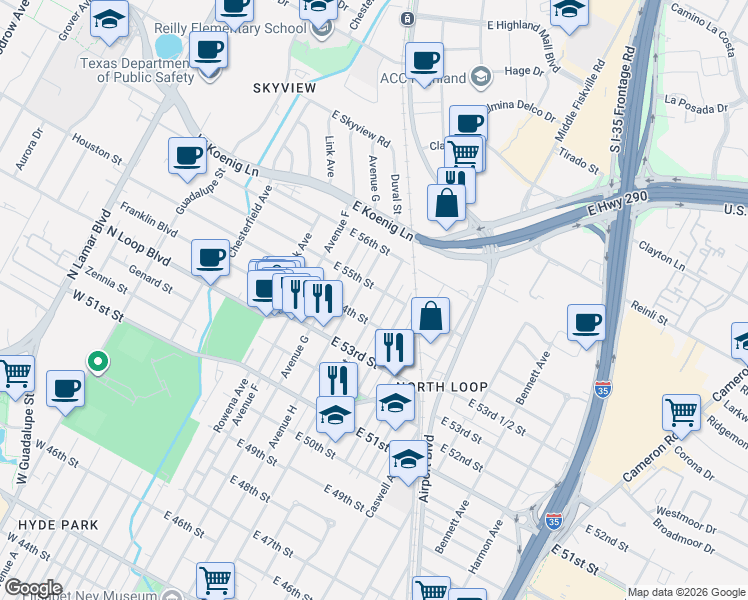 map of restaurants, bars, coffee shops, grocery stores, and more near 5408 Duval Street in Austin
