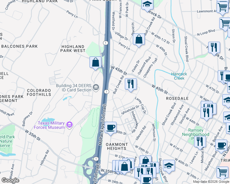 map of restaurants, bars, coffee shops, grocery stores, and more near 4305 Bull Creek Road in Austin