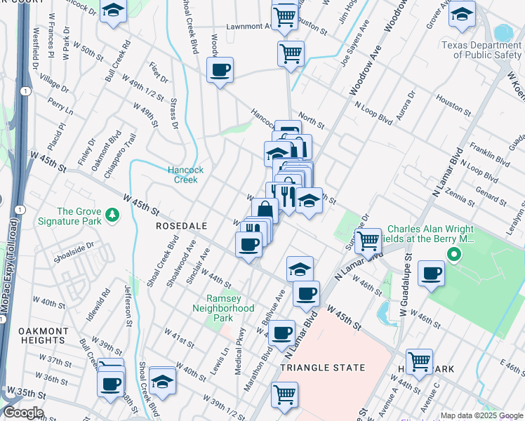 map of restaurants, bars, coffee shops, grocery stores, and more near 4616 Rosedale Avenue in Austin