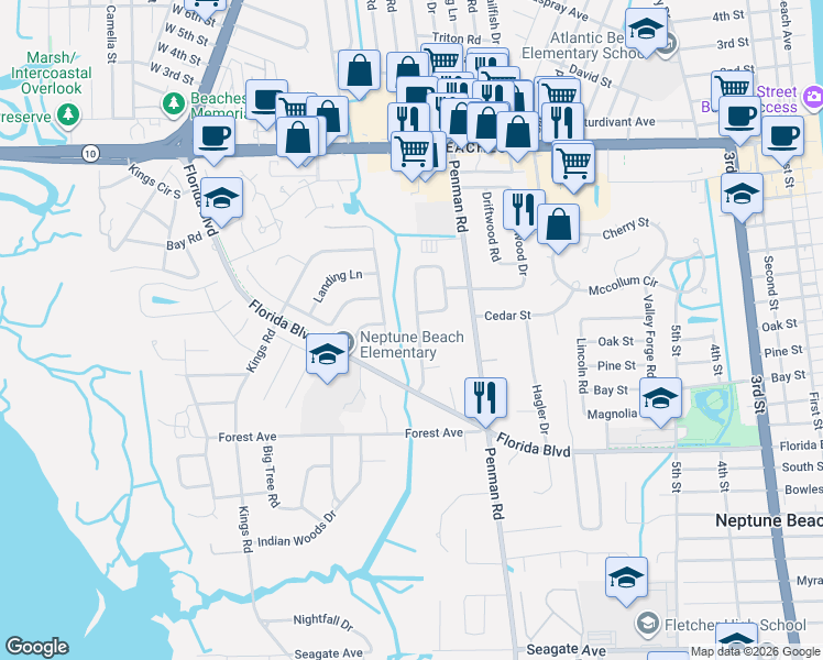 map of restaurants, bars, coffee shops, grocery stores, and more near 644 Camellia Terrace Drive in Neptune Beach