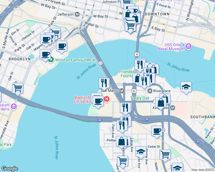 map of restaurants, bars, coffee shops, grocery stores, and more near 959 Prudential Drive in Jacksonville