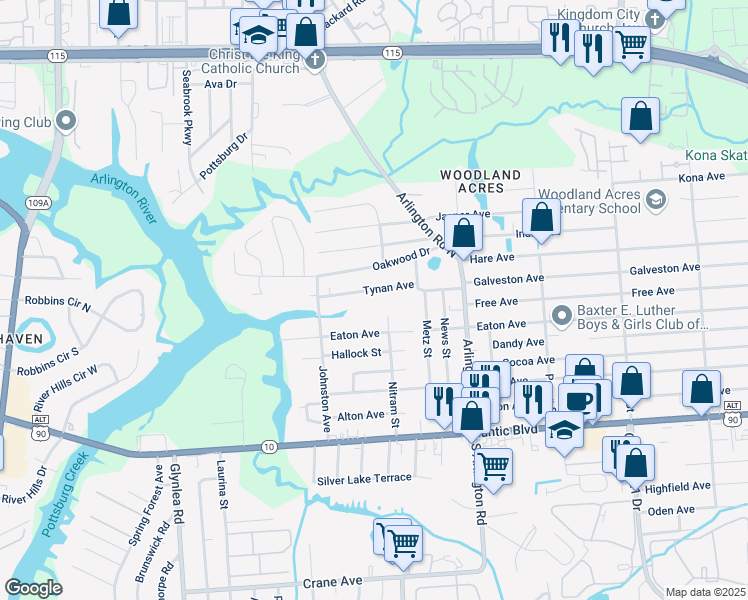 map of restaurants, bars, coffee shops, grocery stores, and more near 7132 Tynan Avenue in Jacksonville