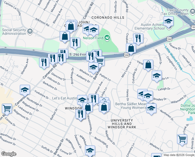 map of restaurants, bars, coffee shops, grocery stores, and more near 6509 Berkman Drive in Austin