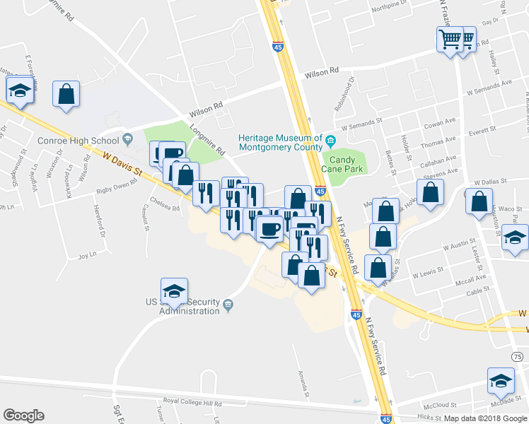 map of restaurants, bars, coffee shops, grocery stores, and more near 405 Longmire Road in Conroe