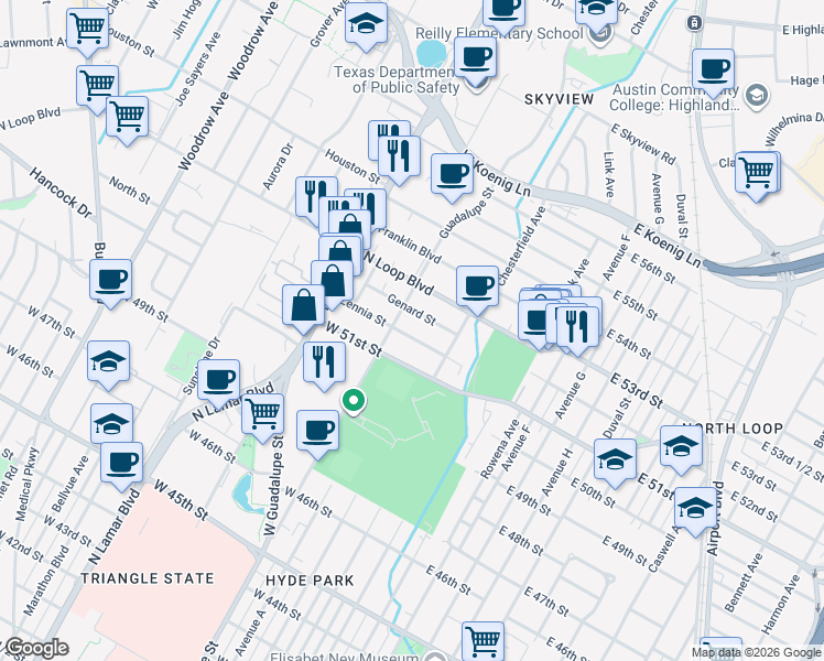 map of restaurants, bars, coffee shops, grocery stores, and more near 402 Zennia Street in Austin