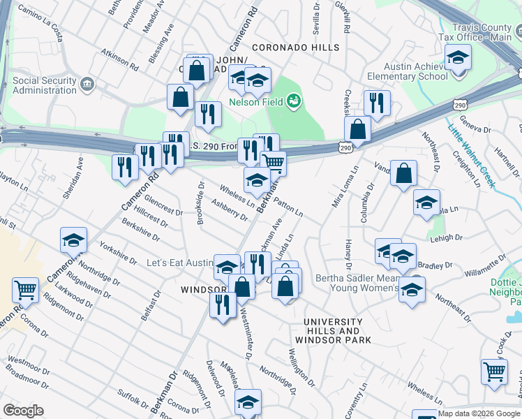 map of restaurants, bars, coffee shops, grocery stores, and more near Berkman Dr & Wheless Ln in Austin