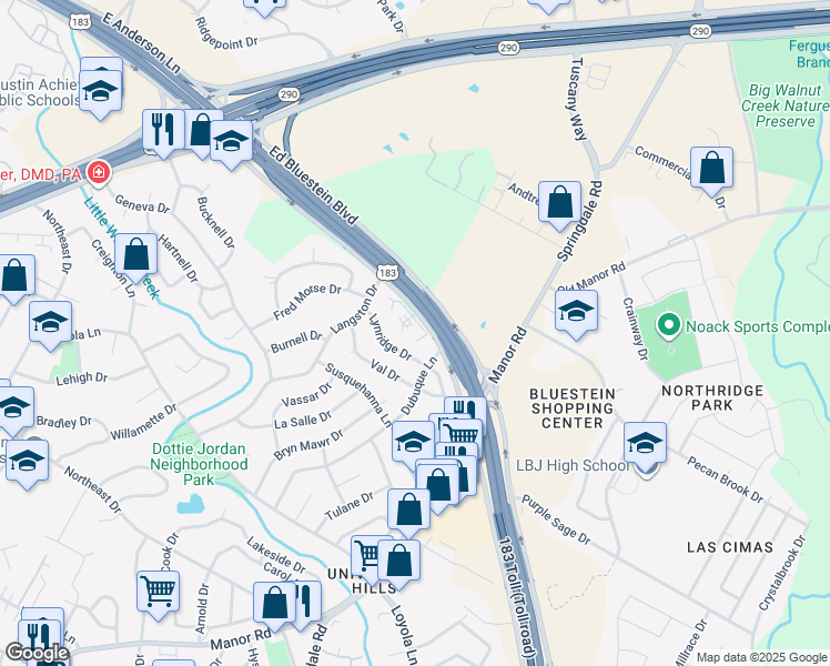 map of restaurants, bars, coffee shops, grocery stores, and more near 7440 Dubuque Lane in Austin