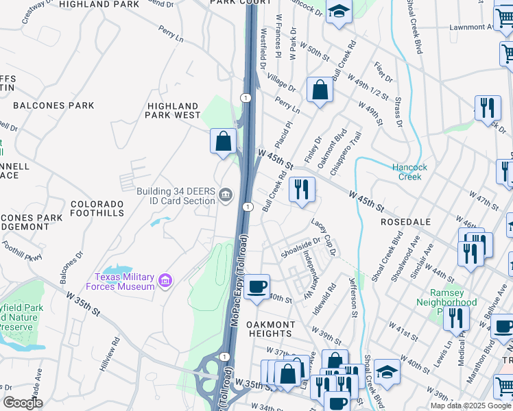 map of restaurants, bars, coffee shops, grocery stores, and more near 4316 Bull Creek Road in Austin