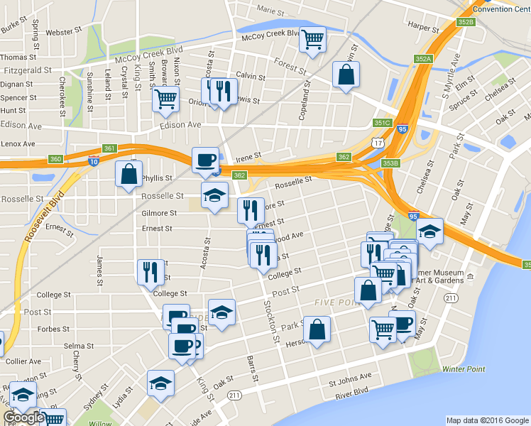 map of restaurants, bars, coffee shops, grocery stores, and more near 2303 Ernest Street in Jacksonville