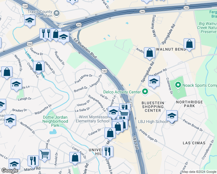 map of restaurants, bars, coffee shops, grocery stores, and more near 3100 Lynridge Drive in Austin