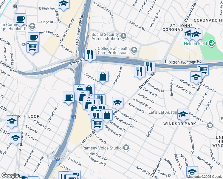 map of restaurants, bars, coffee shops, grocery stores, and more near 1101 Clayton Lane in Austin