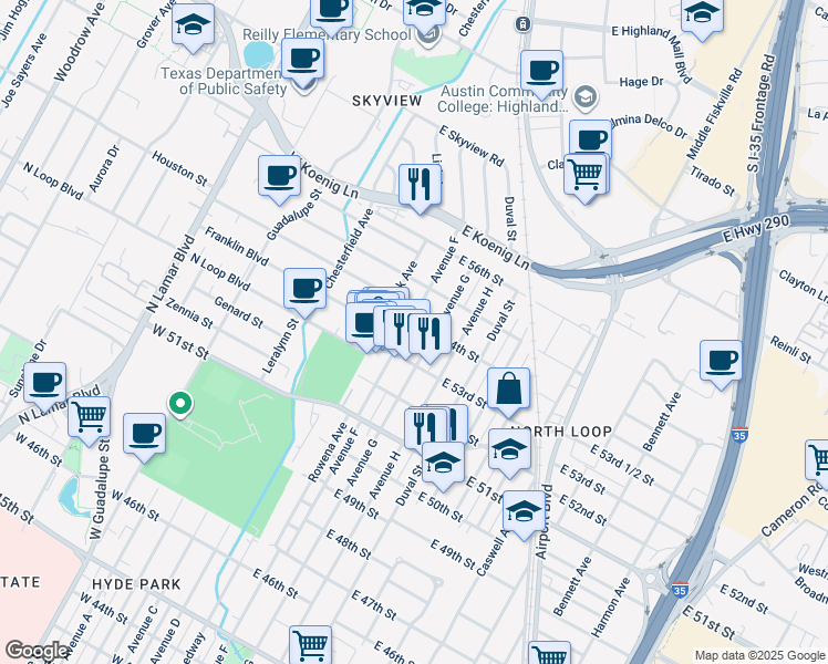 map of restaurants, bars, coffee shops, grocery stores, and more near 5307 Avenue F in Austin