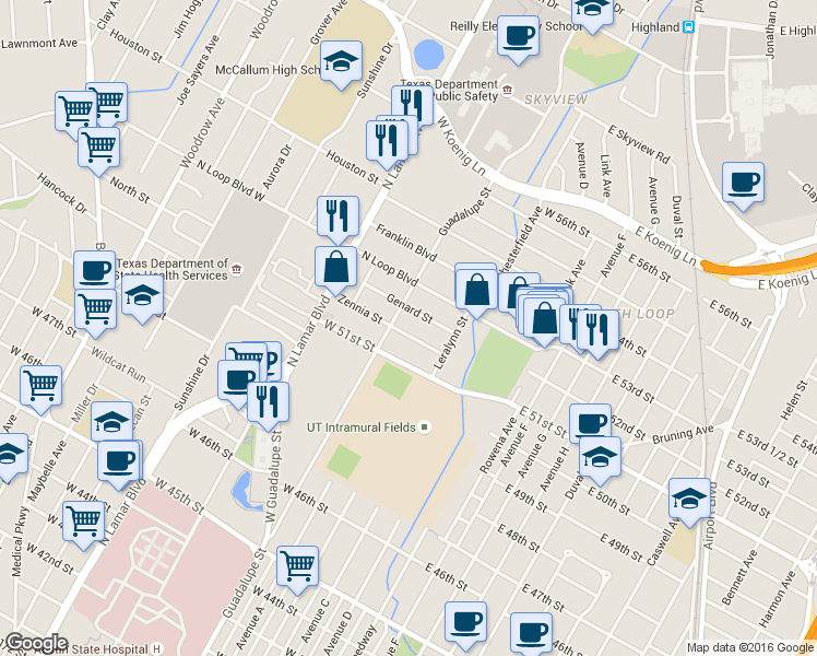 map of restaurants, bars, coffee shops, grocery stores, and more near 402 Zennia Street in Austin