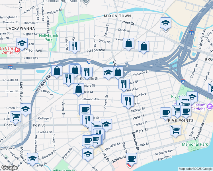 map of restaurants, bars, coffee shops, grocery stores, and more near 2555 Gilmore Street in Jacksonville