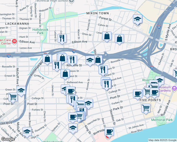 map of restaurants, bars, coffee shops, grocery stores, and more near 2555 Gilmore Street in Jacksonville