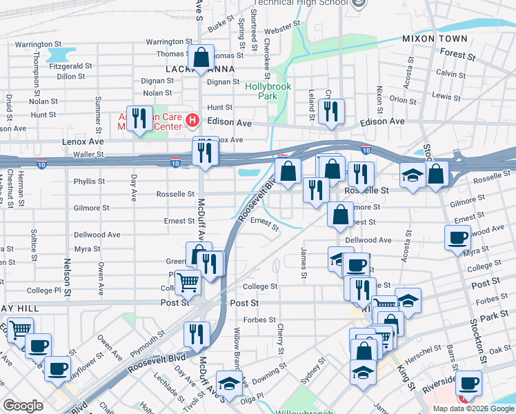 map of restaurants, bars, coffee shops, grocery stores, and more near Willow Branch Avenue in Jacksonville