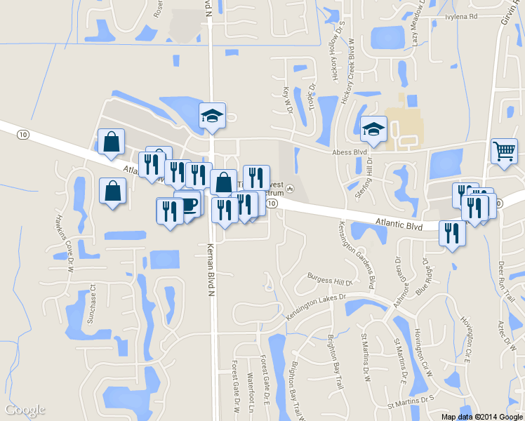map of restaurants, bars, coffee shops, grocery stores, and more near 12210 Atlantic Blvd in Jacksonville