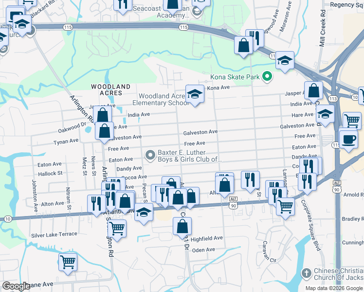 map of restaurants, bars, coffee shops, grocery stores, and more near 221 Acme Street in Jacksonville