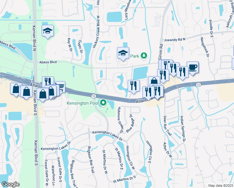 map of restaurants, bars, coffee shops, grocery stores, and more near 38 Reeding Ridge Drive West in Jacksonville