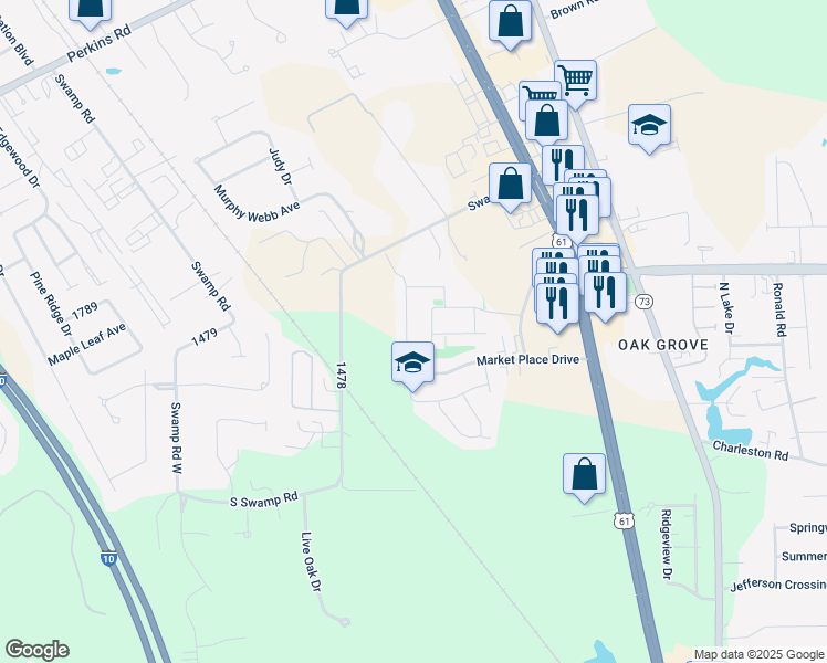 map of restaurants, bars, coffee shops, grocery stores, and more near 17037 Enterprise Avenue in Prairieville