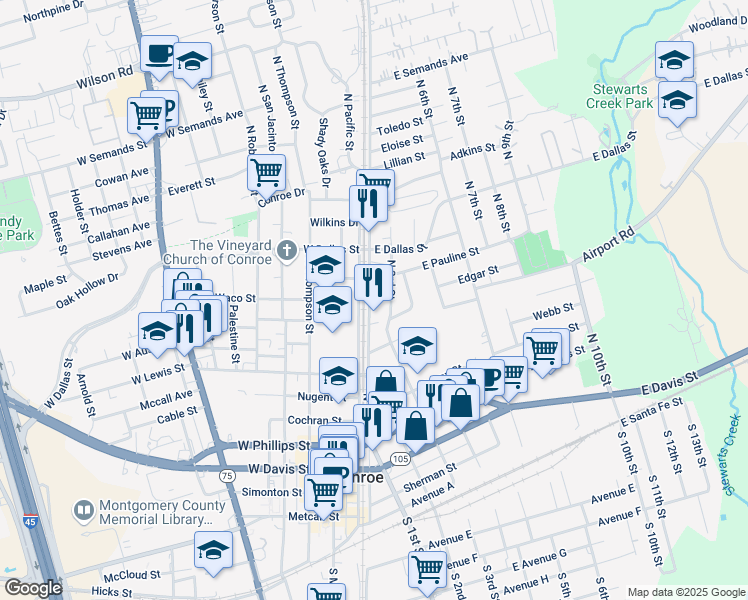 map of restaurants, bars, coffee shops, grocery stores, and more near 913 North 1st Street in Conroe
