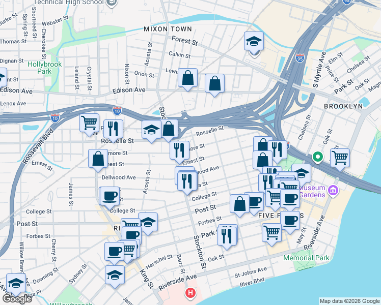 map of restaurants, bars, coffee shops, grocery stores, and more near 2303 Ernest Street in Jacksonville