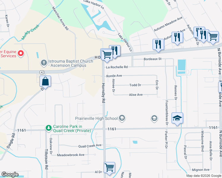 map of restaurants, bars, coffee shops, grocery stores, and more near 40056 Alise Avenue in Prairieville